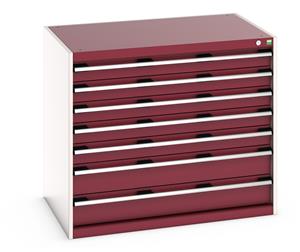 40029091.** Bott Cubio drawer cabinet with overall dimensions of 1050mm wide x 750mm deep x 900mm high Cabinet consists of 5 x 100mm and 2 x 150mm high drawers 100% extension drawer with internal dimensions of 925mm wide x 525mm deep. The drawers have a...
